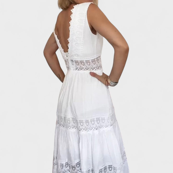Patricia Elegant Lace Dress with V-Neck, view 2 - Elena Harper
