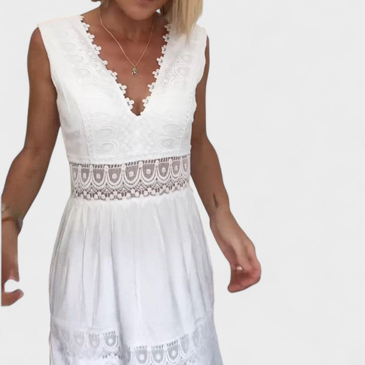 Patricia Elegant Lace Dress with V-Neck, view 3 - Elena Harper