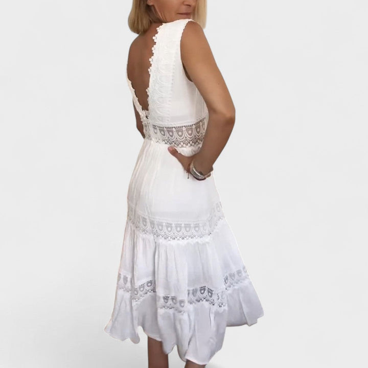 Patricia Elegant Lace Dress with V-Neck, view 6 - Elena Harper