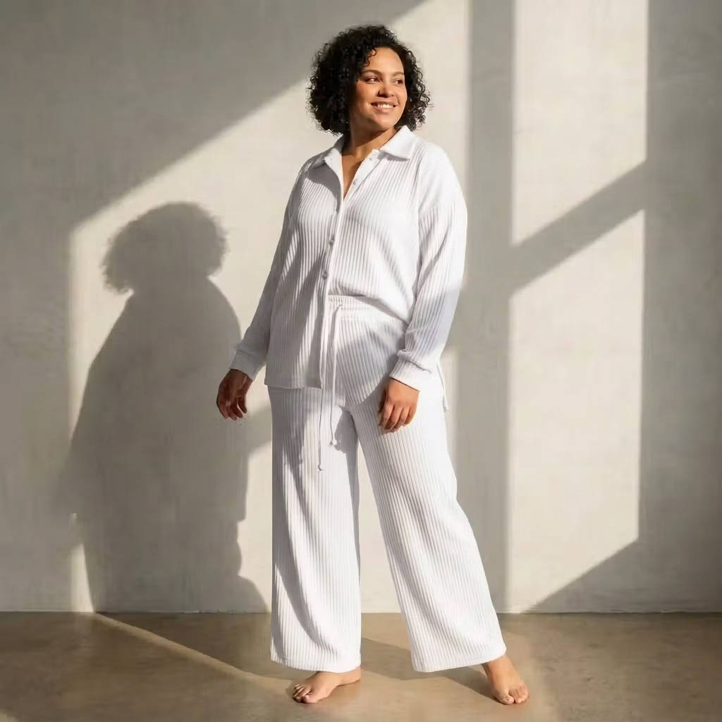 Petra | Ribbed Button-Up Shirt & Wide-Leg Pants Two-Piece Set