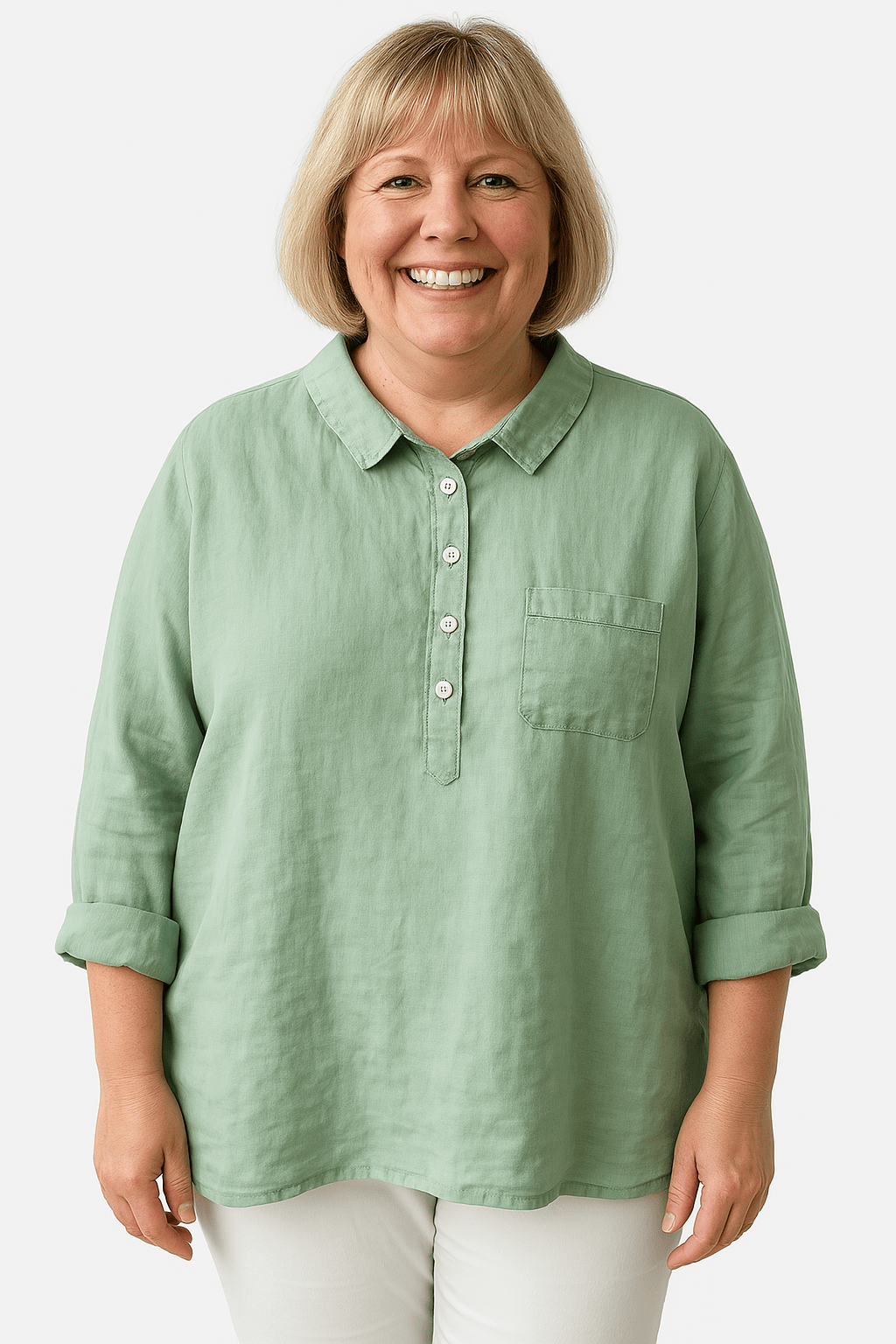 Emma & Rose Cape Town Naja™ elegant green blouse with stylish design, shown on a model. Perfect for sophisticated casual wear.