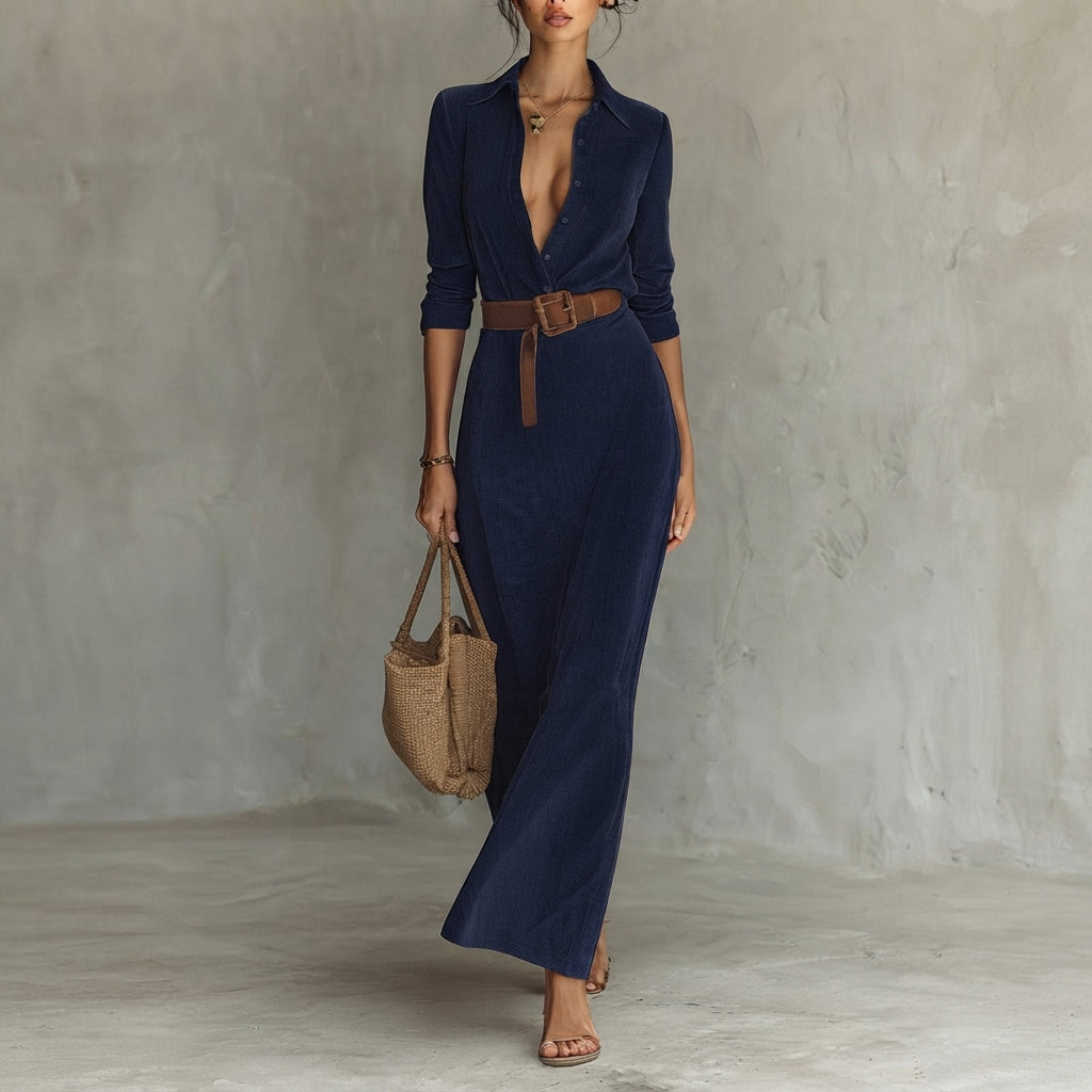 Katharina | Women's Long Sleeve Maxi Dress, Tailored Fit with Belt