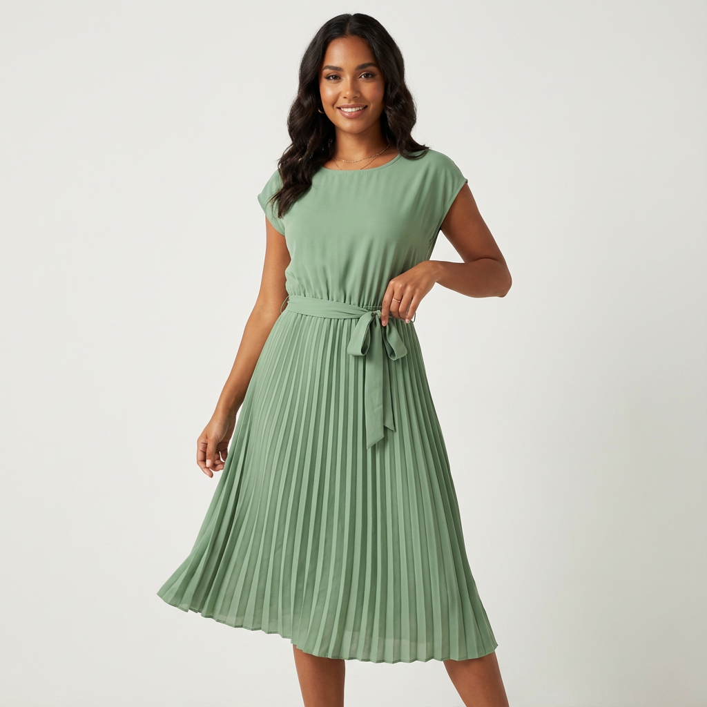 Midi Pleated Dress for Women – Belted and Elegant
