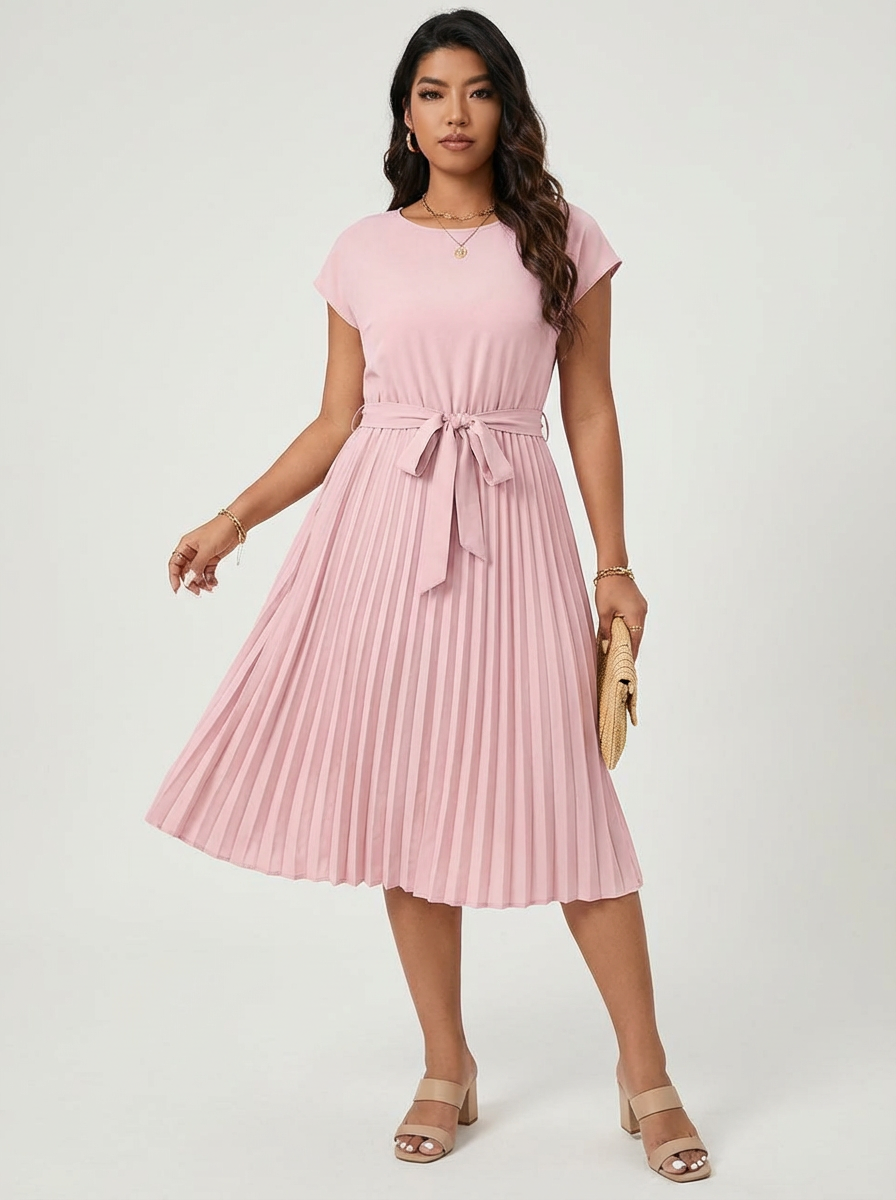 Midi Pleated Dress for Women – Belted and Elegant