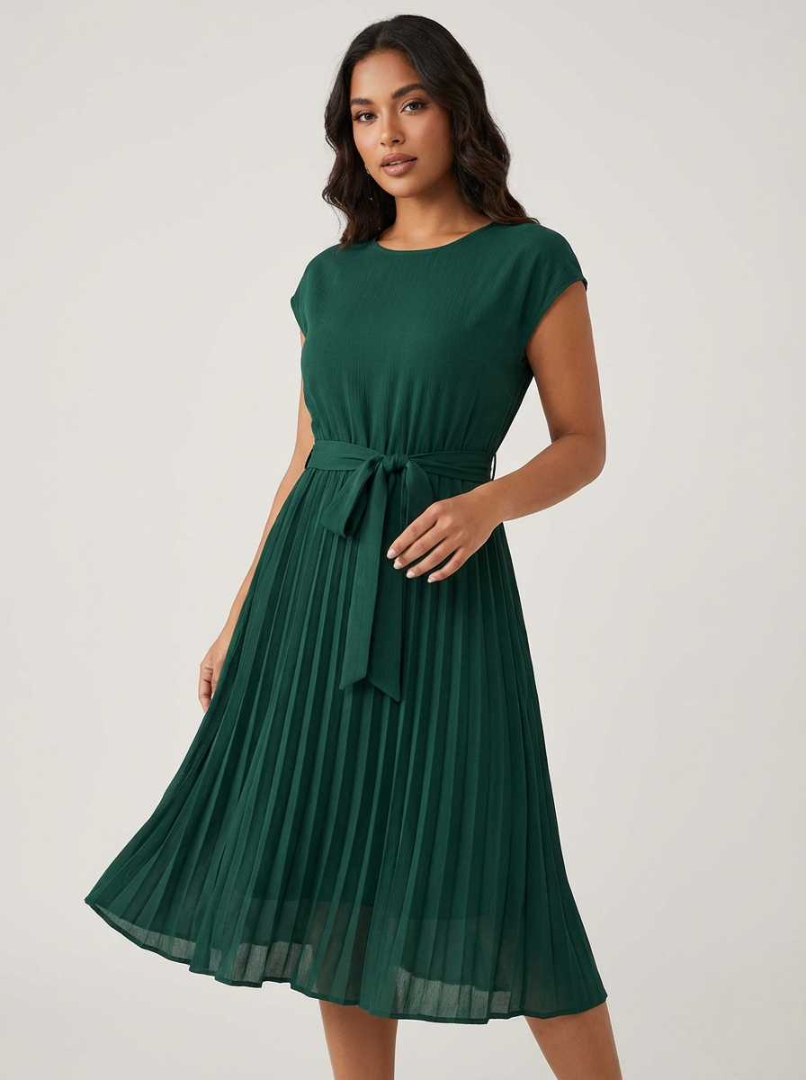 Midi Pleated Dress for Women – Belted and Elegant