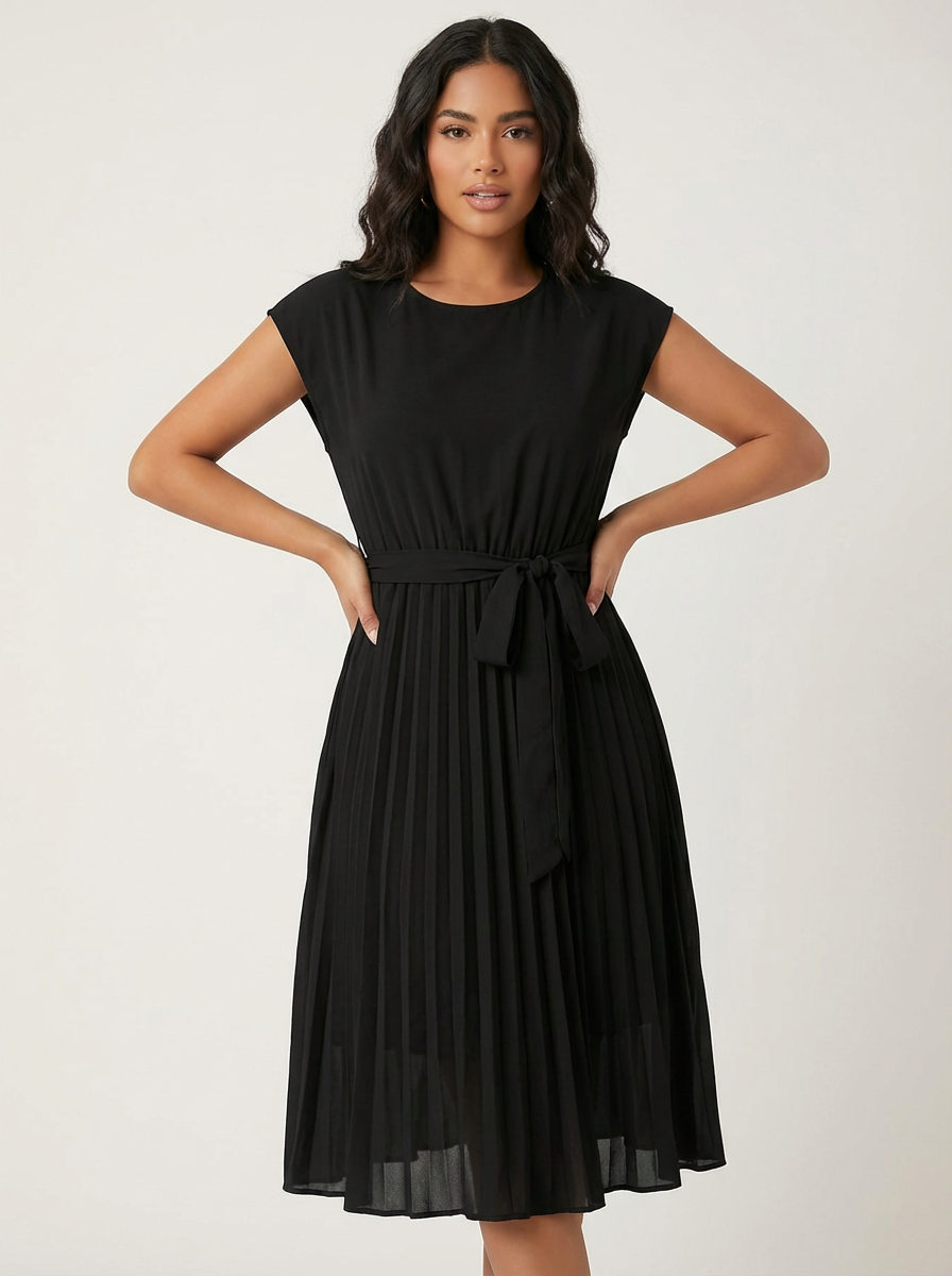 Midi Pleated Dress for Women – Belted and Elegant
