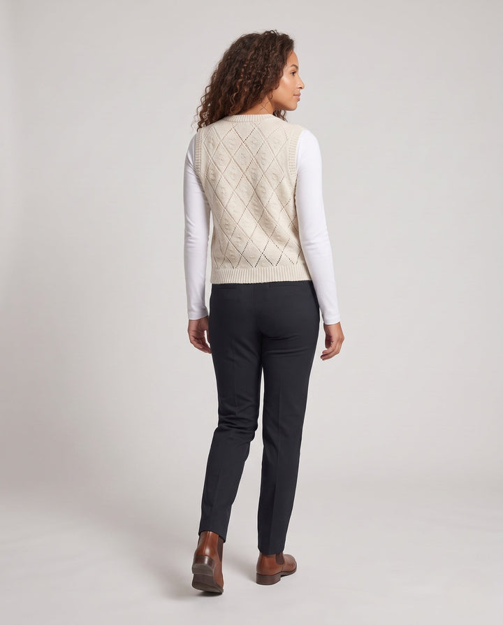 Women's Openwork Knitted Wool Blend Vest with Cable Pattern and Button Placket Echo Archive, view 4 - Elena Harper