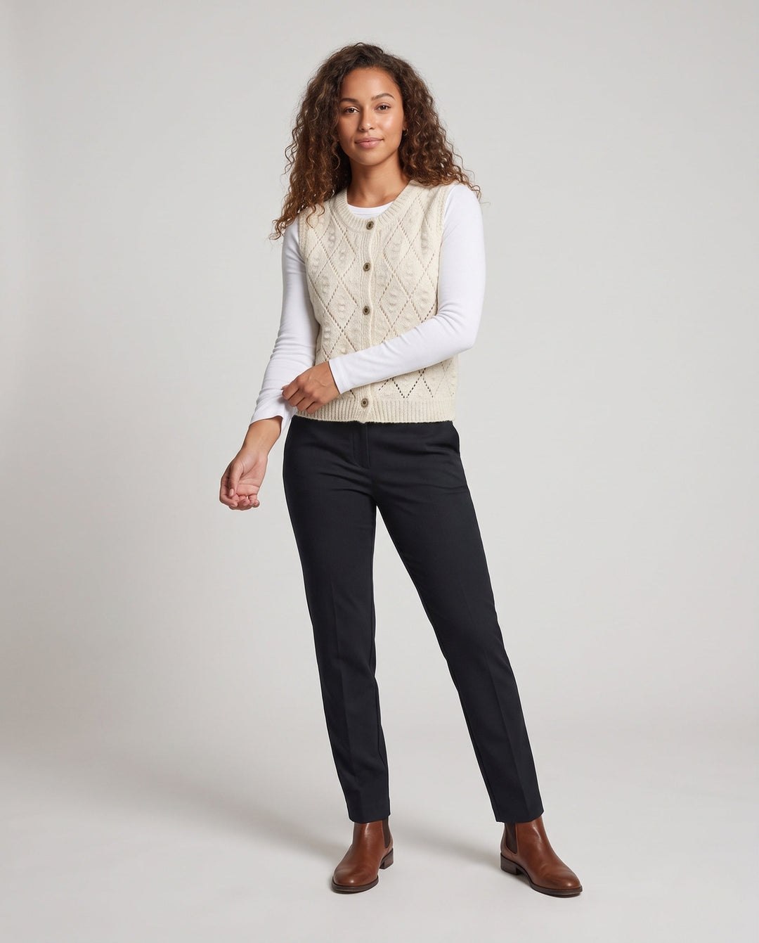 Women's Openwork Knitted Wool Blend Vest with Cable Pattern and Button Placket Echo Archive - Elena Harper