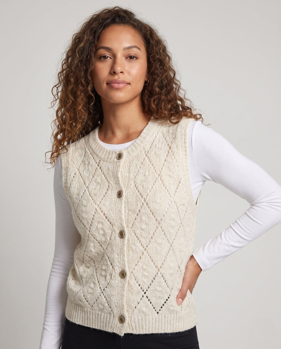 Women's Openwork Knitted Wool Blend Vest with Cable Pattern and Button Placket Echo Archive, view 2 - Elena Harper