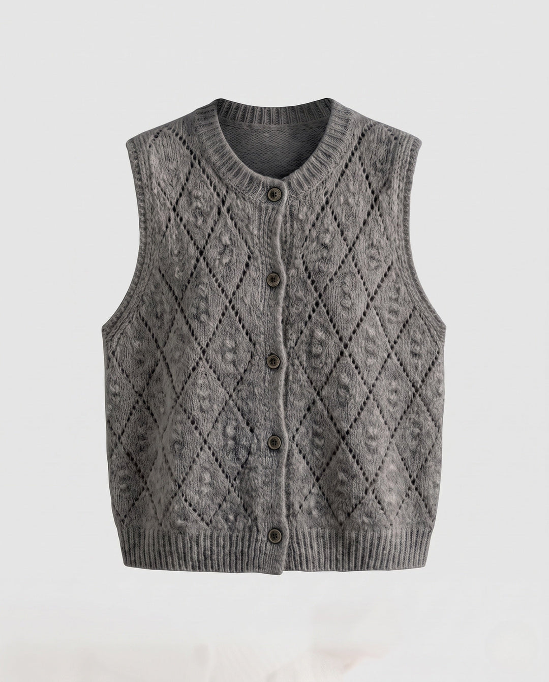 Women's Openwork Knitted Wool Blend Vest with Cable Pattern and Button Placket Echo Archive, view 6 - Elena Harper
