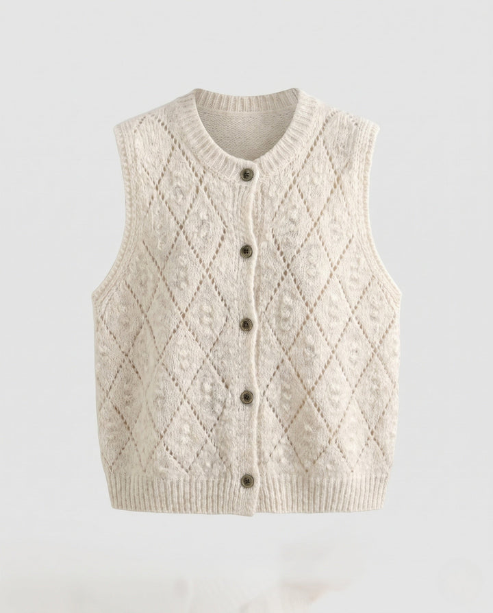 Women's Openwork Knitted Wool Blend Vest with Cable Pattern and Button Placket Echo Archive, view 5 - Elena Harper