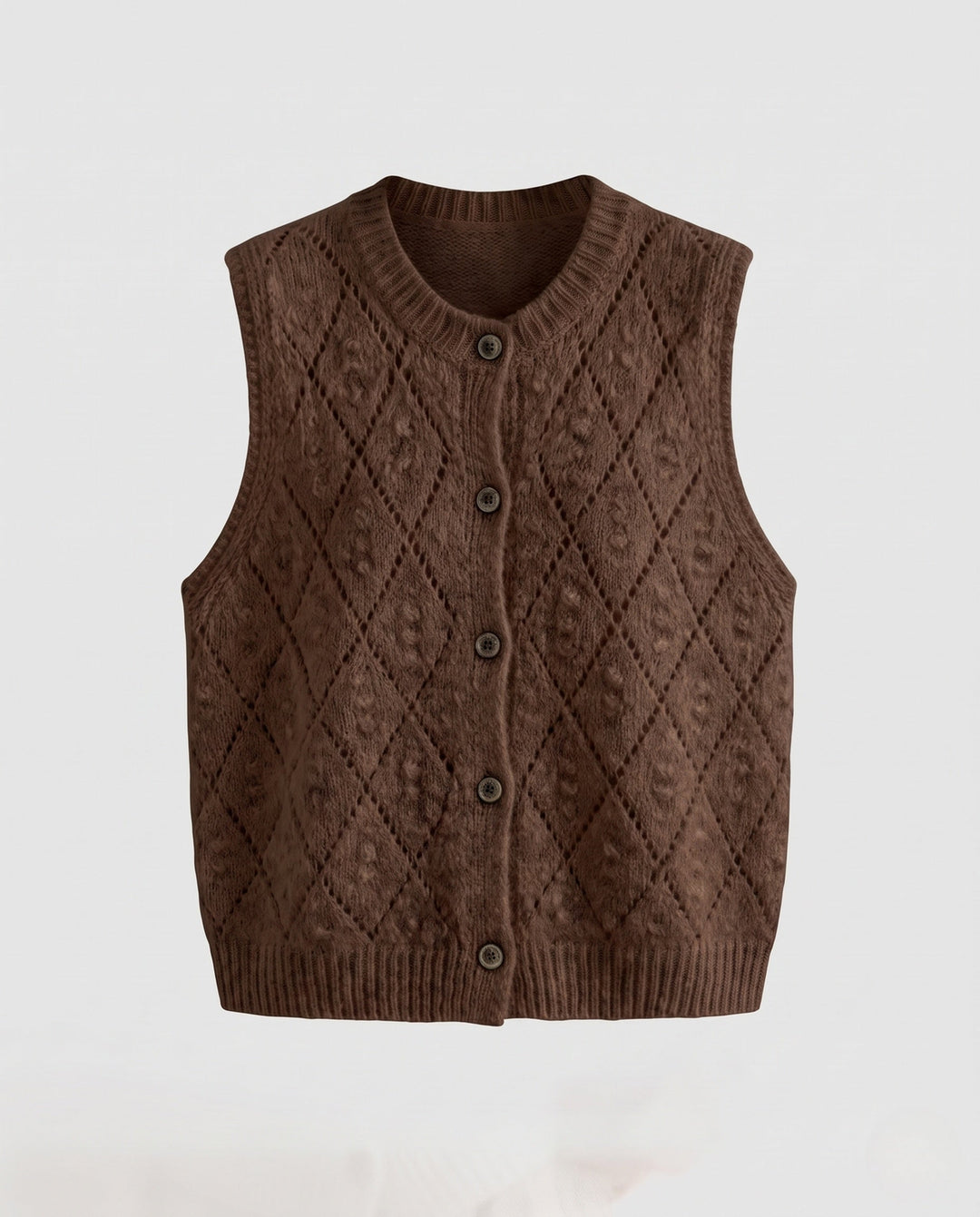 Women's Openwork Knitted Wool Blend Vest with Cable Pattern and Button Placket Echo Archive, view 9 - Elena Harper