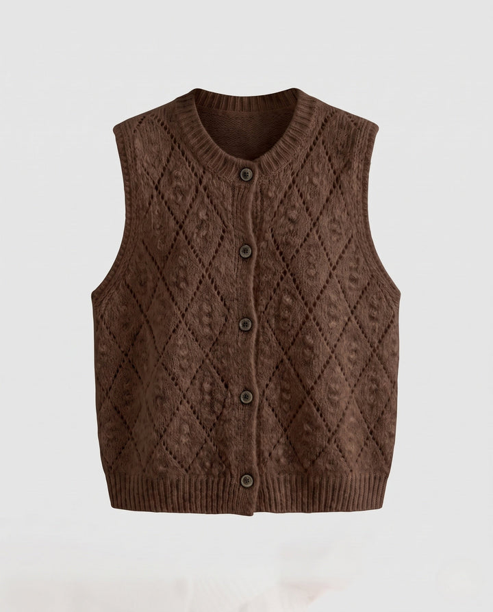 Women's Openwork Knitted Wool Blend Vest with Cable Pattern and Button Placket Echo Archive, view 9 - Elena Harper