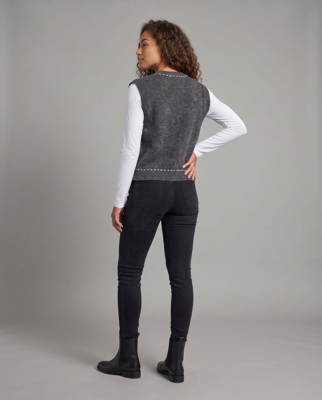 Women's Sleeveless Short Knit Vest with Contrast Stitch and Patch Pockets Echo Archive, view 4 - Elena Harper