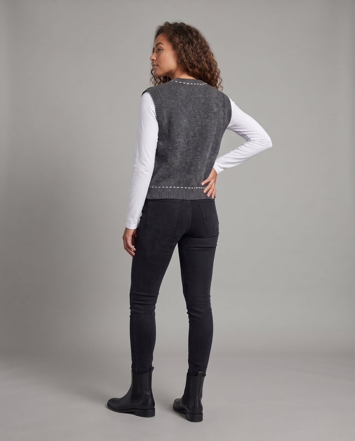 Women's Sleeveless Short Knit Vest with Contrast Stitch and Patch Pockets Echo Archive, view 4 - Elena Harper