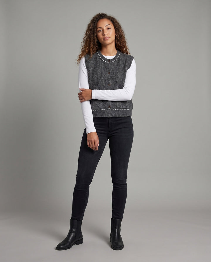 Women's Sleeveless Short Knit Vest with Contrast Stitch and Patch Pockets Echo Archive - Elena Harper