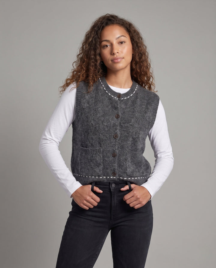 Women's Sleeveless Short Knit Vest with Contrast Stitch and Patch Pockets Echo Archive, view 2 - Elena Harper