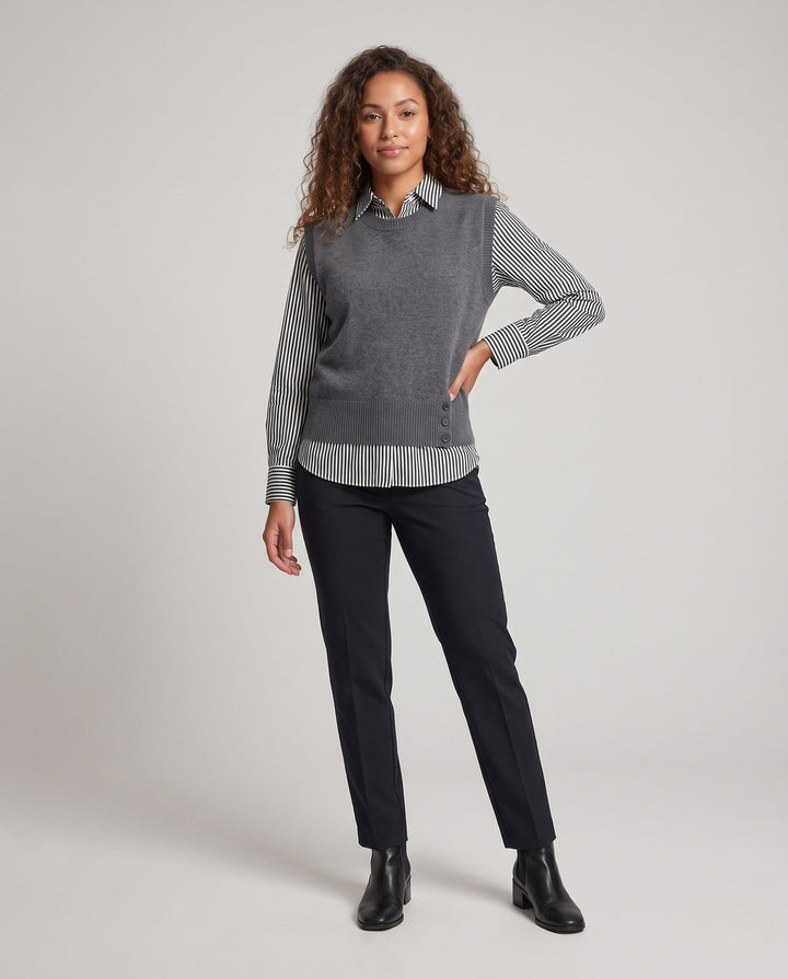 Women's Sleeveless Knit Vest in Layering Look with Asymmetrical Button Placket Echo Archive - Elena Harper