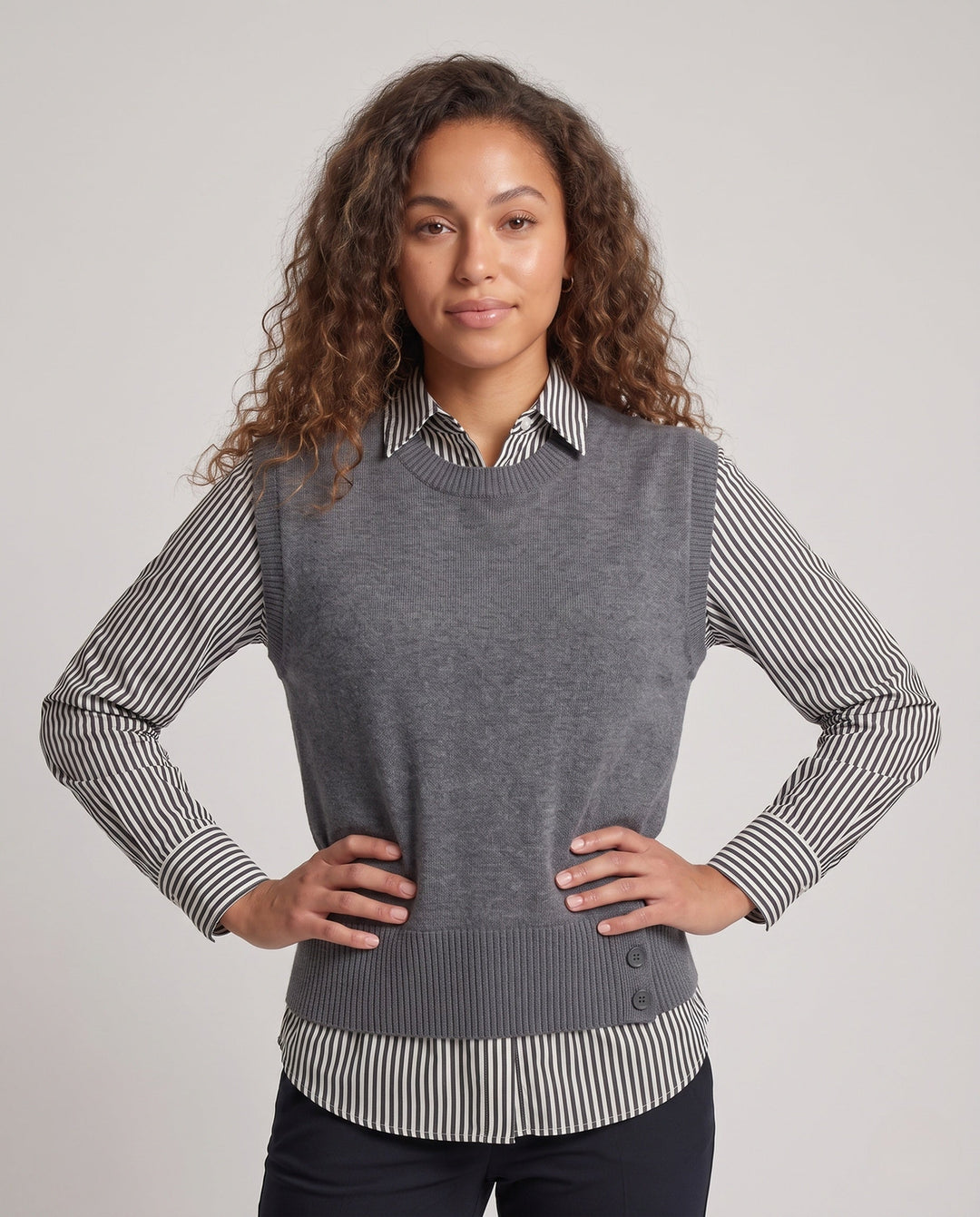 Women's Sleeveless Knit Vest in Layering Look with Asymmetrical Button Placket Echo Archive, view 2 - Elena Harper
