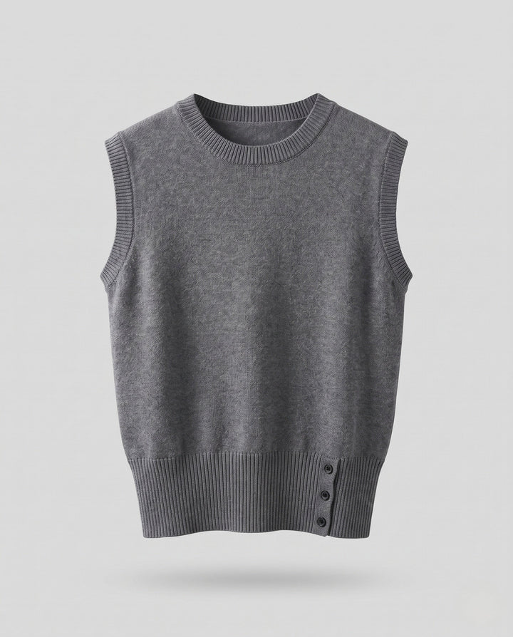 Women's Sleeveless Knit Vest in Layering Look with Asymmetrical Button Placket Echo Archive, view 5 - Elena Harper