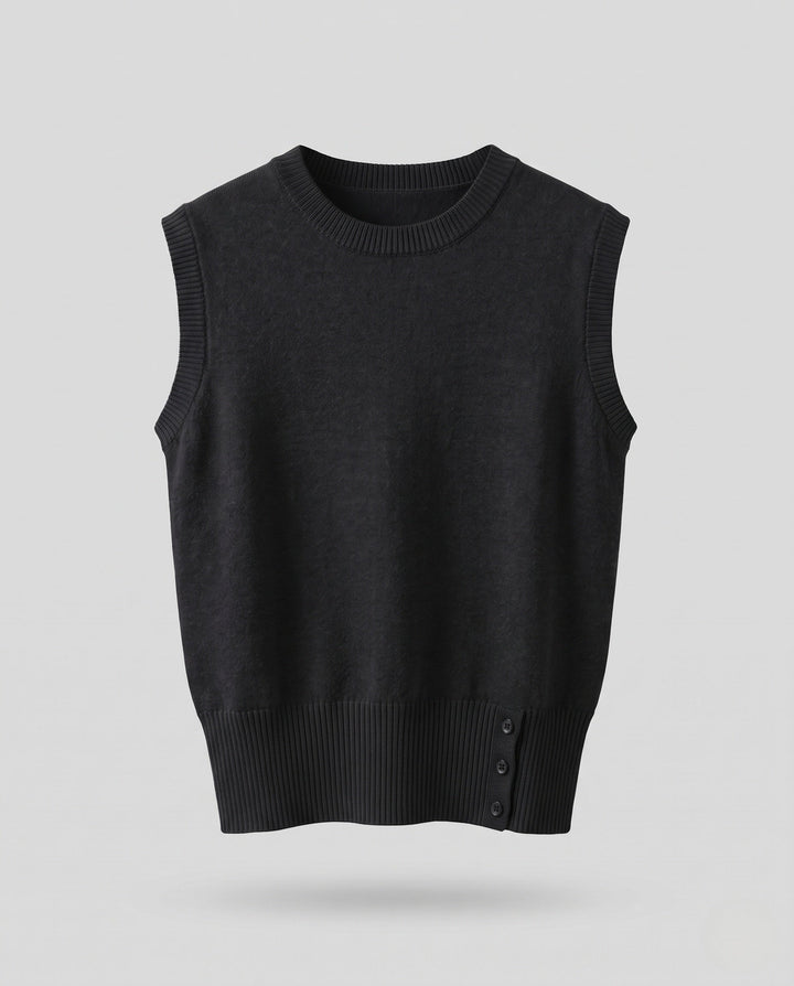 Women's Sleeveless Knit Vest in Layering Look with Asymmetrical Button Placket Echo Archive, view 7 - Elena Harper