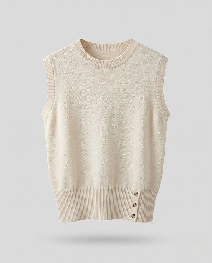 Women's Sleeveless Knit Vest in Layering Look with Asymmetrical Button Placket Echo Archive, view 6 - Elena Harper