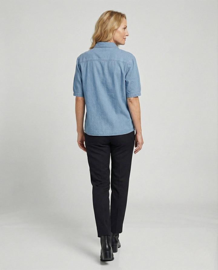 Damen Denim-Bluse mit Spitzenakzenten