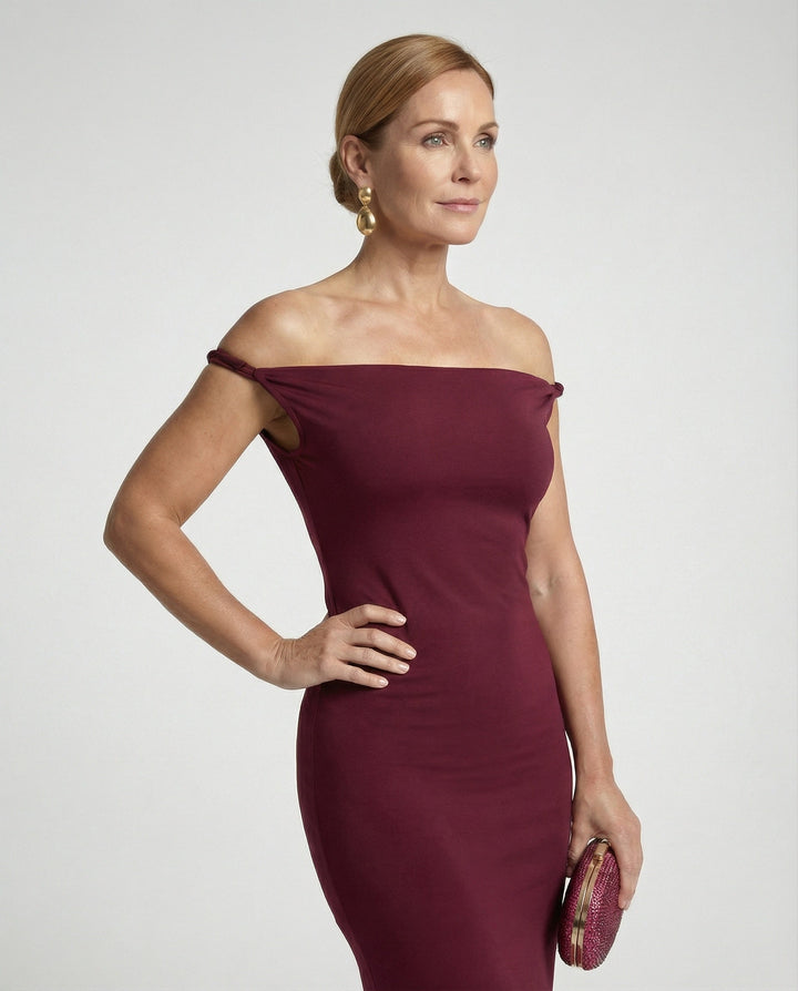 Long Off-Shoulder Evening Dress, Figure-Hugging