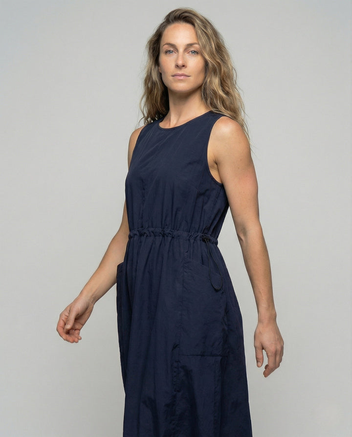 Women's Sleeveless Midi Dress with Drawstring Waist, view 2 - Elena Harper