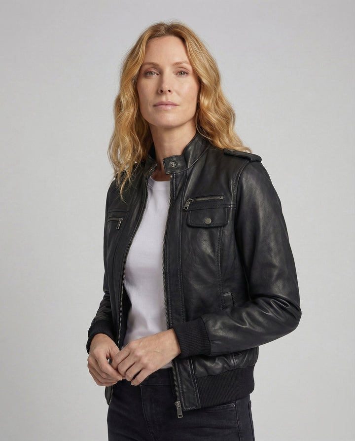 Women's Tailored Biker Jacket with Ribbed Cuffs