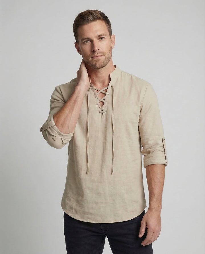 Men's Laced Collar Casual Shirt - Relaxed Fit for Summer