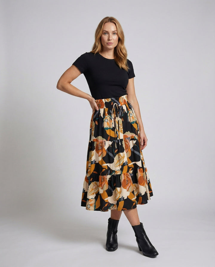 Women's Flared Tiered Skirt with Paperbag Waist