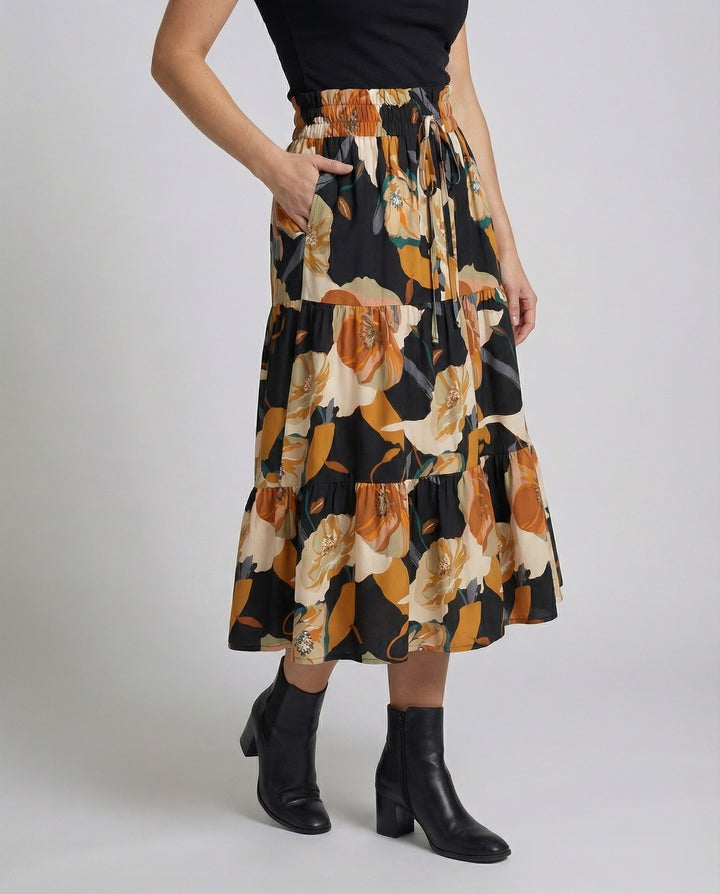 Women's Flared Tiered Skirt with Paperbag Waist