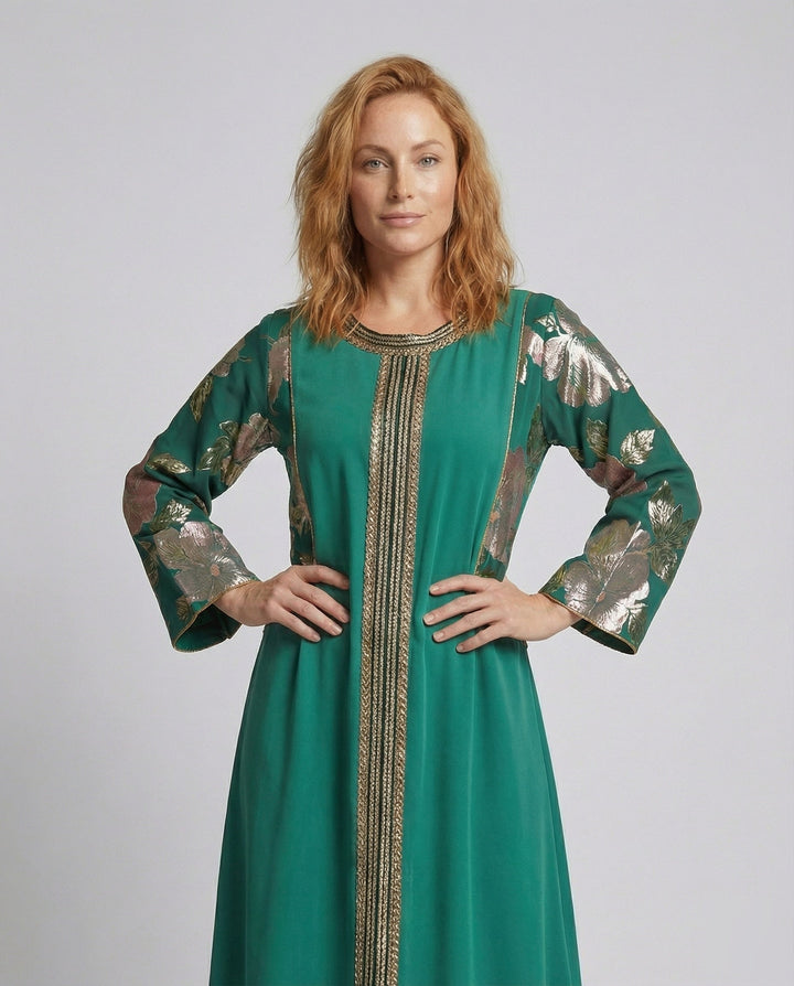 Women's Embroidered Kaftan Abaya Dress with Floral Sleeves