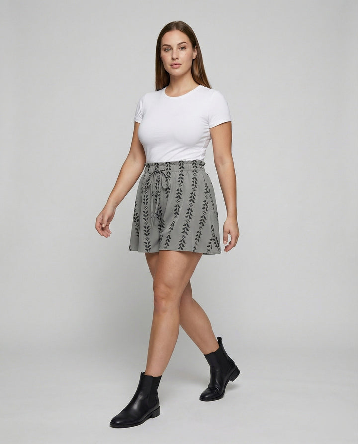 Women's Flared Leaf Print Mixed Fabric Skater Mini Skirt