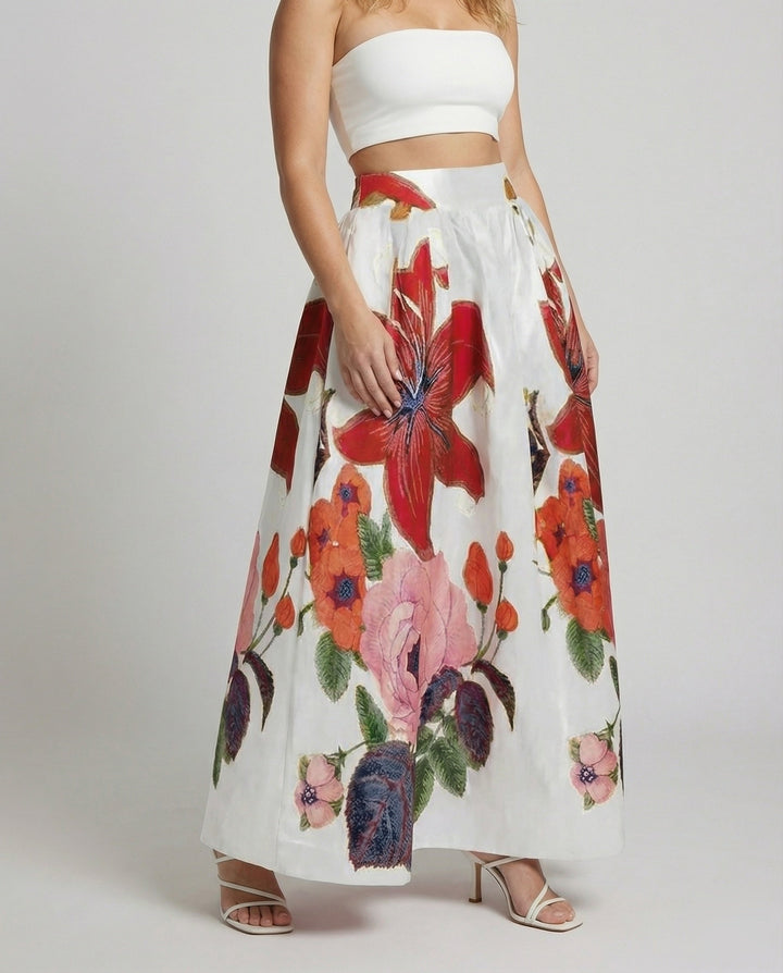 Women's Embroidered Floral Embroidery Mixed Fabric Maxi Skirt