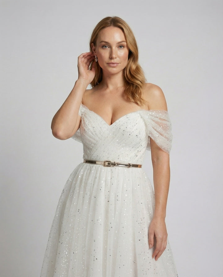 Women's A-Line Tulle Dress Off-Shoulder Puff Sleeves, view 2 - Elena Harper
