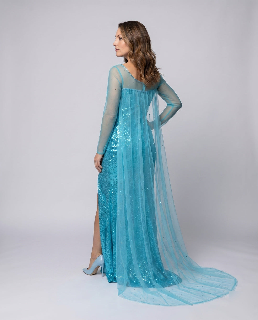 Women's Evening Dress Glitter Tulle Cape Leg Slit