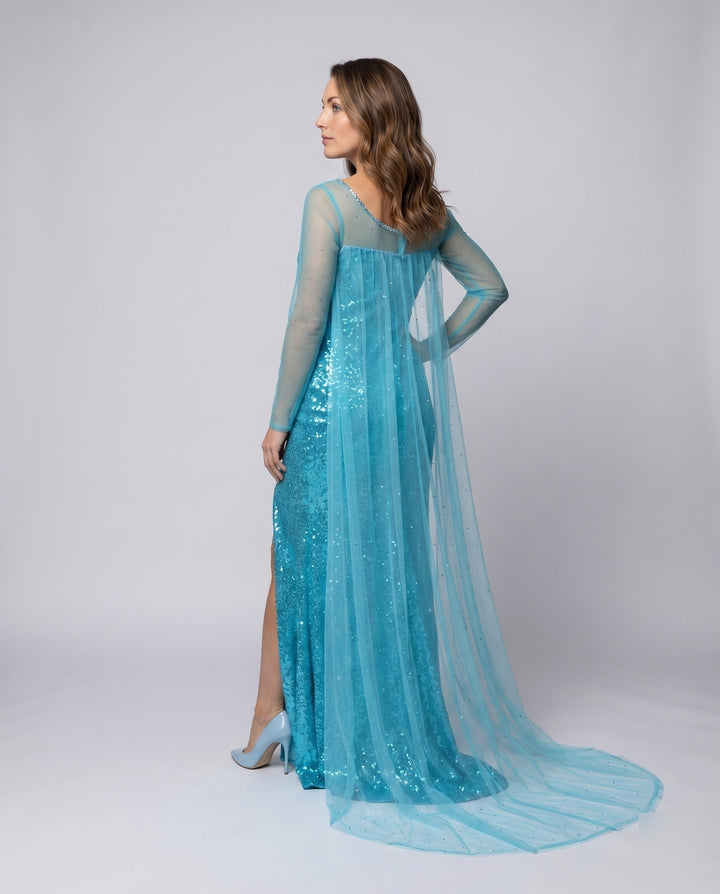 Women's Evening Dress Glitter Tulle Cape Leg Slit