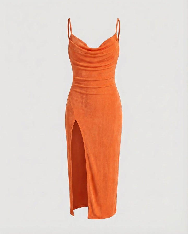 Women's Evening Dress with Waterfall Neckline, Spaghetti Straps, and Side Slit