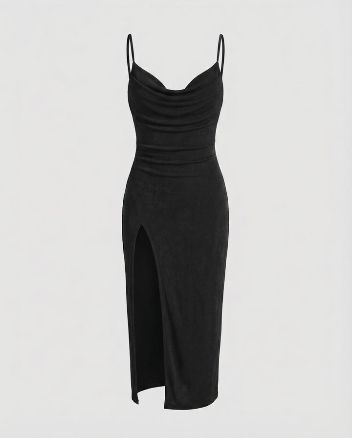Women's Evening Dress with Waterfall Neckline, Spaghetti Straps, and Side Slit