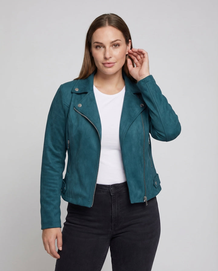 Women's Biker Jacket Suede Look Asymmetric Decorative Buttons