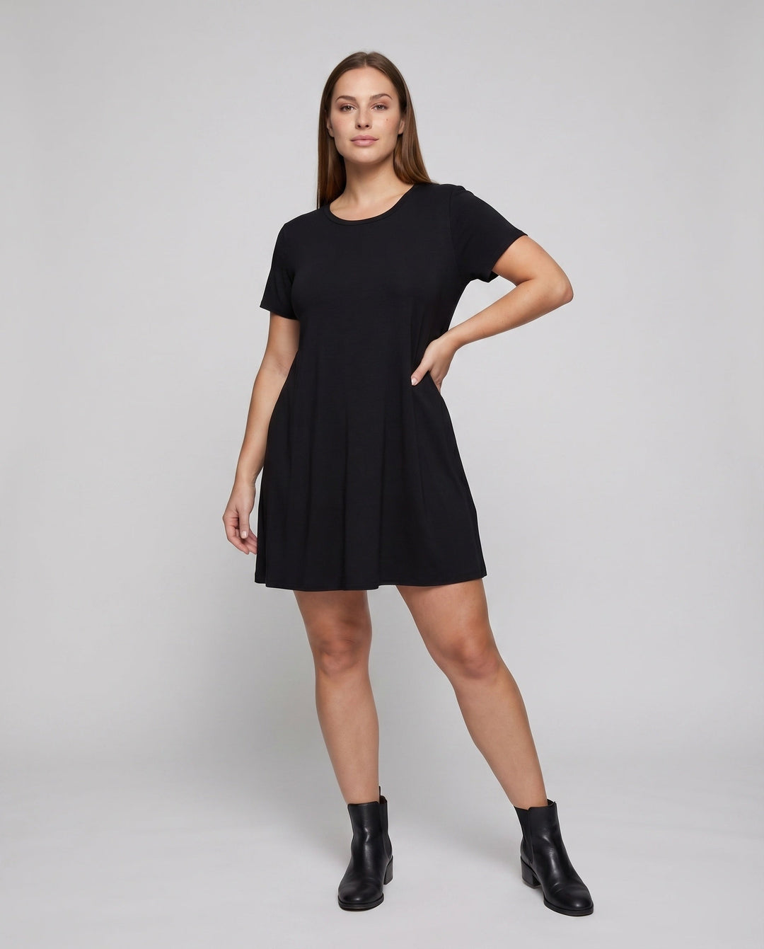 Women's A-Line Short Dress Round Neck Side Slits Short Sleeves