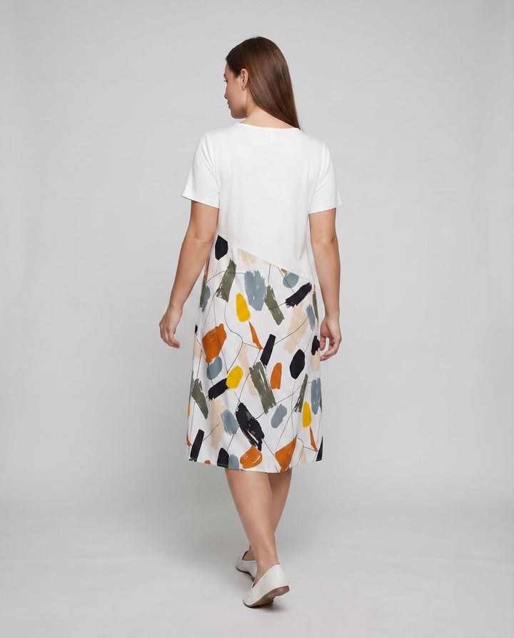 Women's A-Line Midi Dress Printed Skirt Round Neck Contrast Top