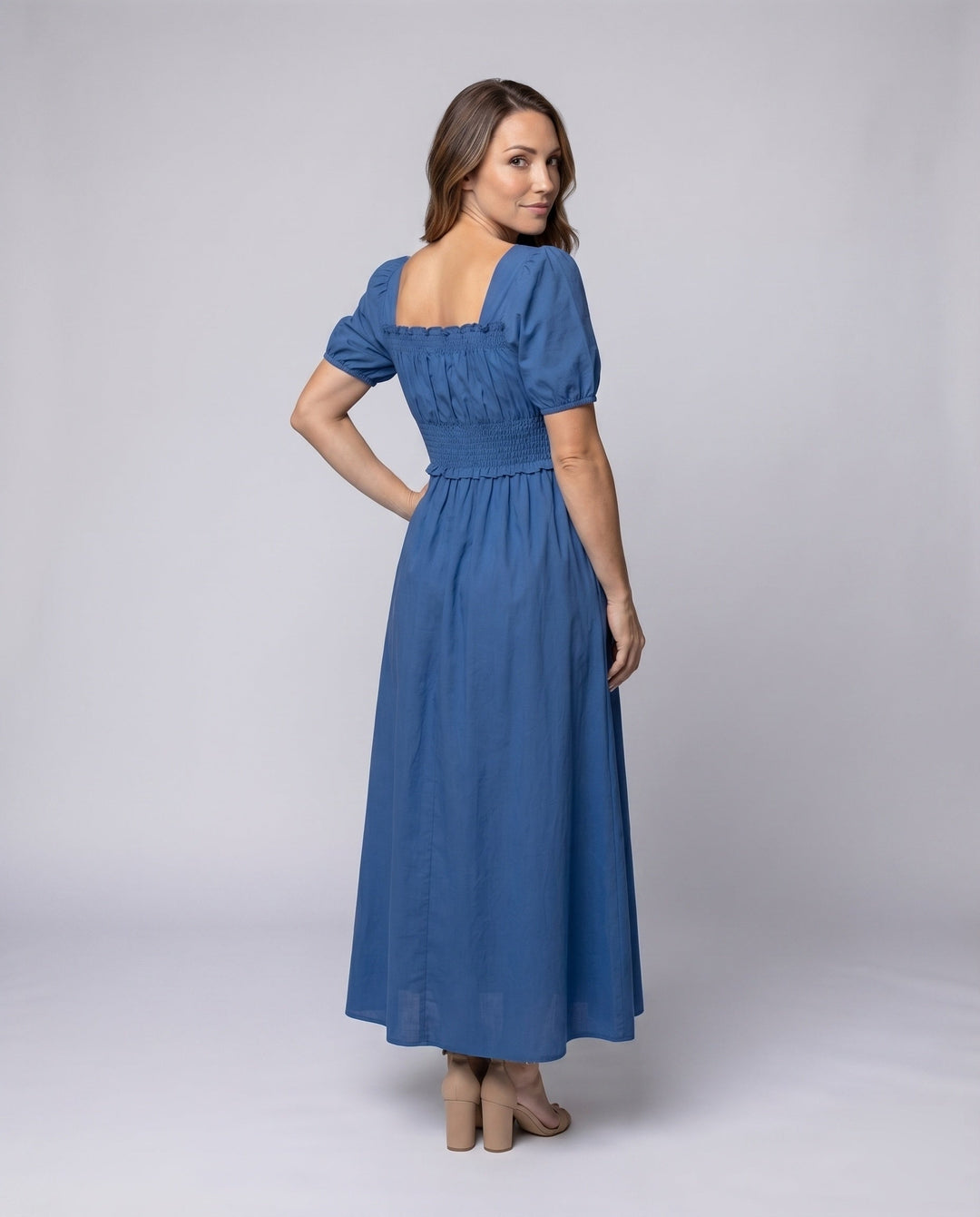 Women’s Cotton Dress with Smocked Bodice, Puff Sleeves, Square Neckline