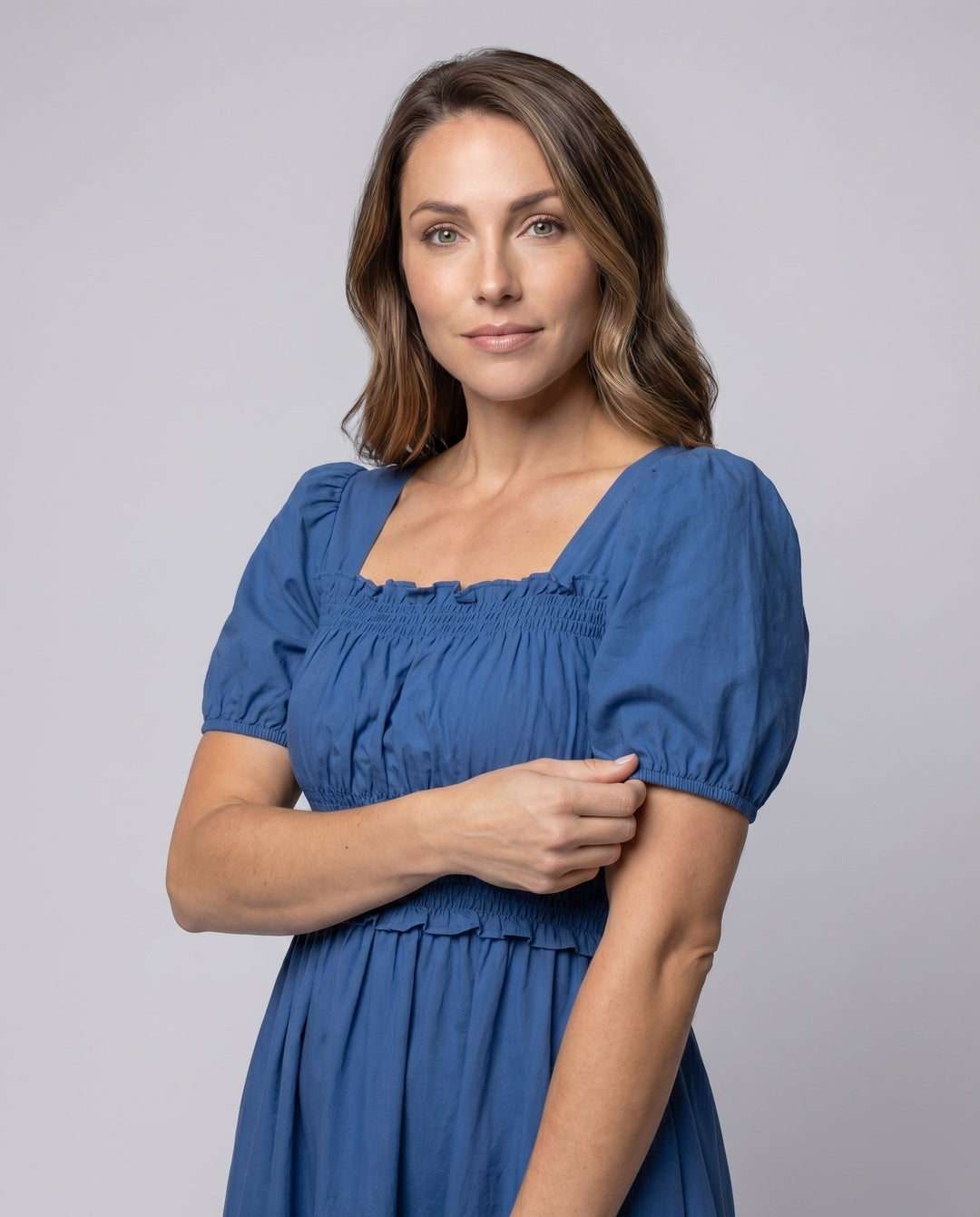 Women’s Cotton Dress with Smocked Bodice, Puff Sleeves, Square Neckline