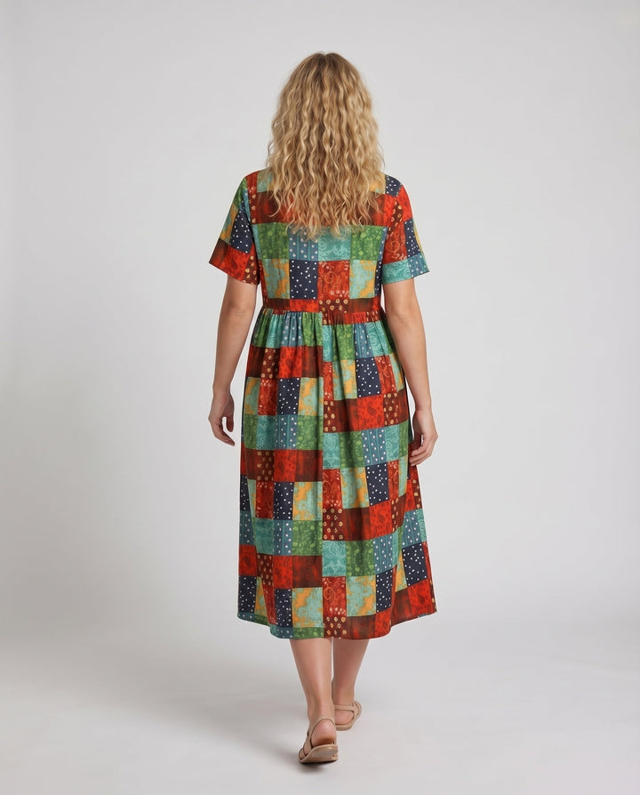 Women's Boho Patchwork Midi Dress with Short Button Closure and Oversized Sleeves Élara, view 4 - Elena Harper