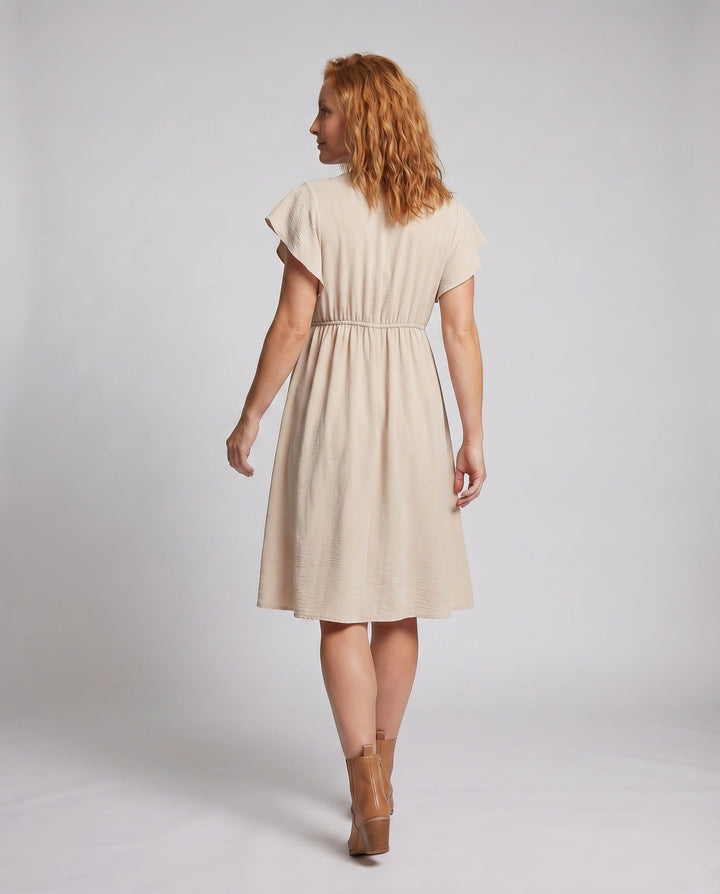 Women's A-Line Summer Dress with Underbust Gathering, Button Placket, V-Neck
