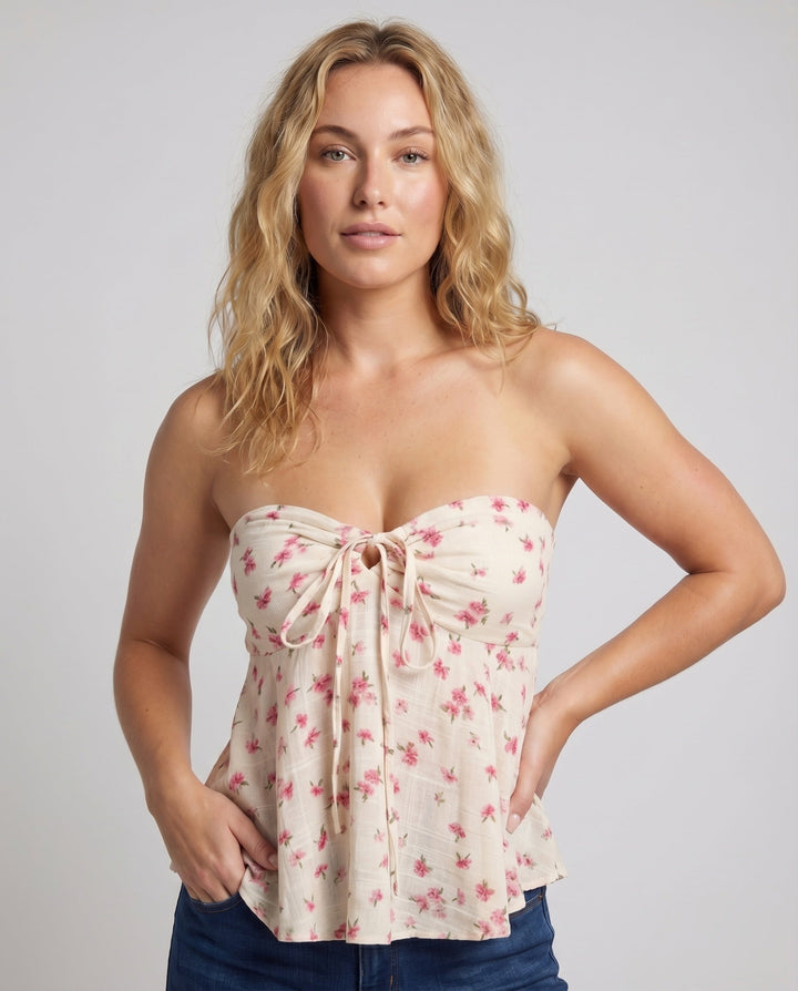 Women's Bandeau Top with Playful Ruffle Details and Romantic Flowers