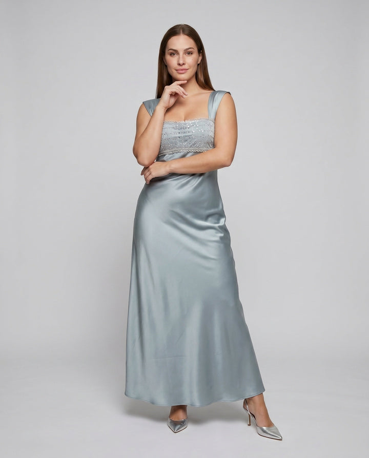 Women's Evening Dress with Shimmering Top and Flowing Skirt